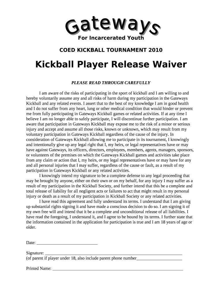 Kickball Player Release Waiver  Form