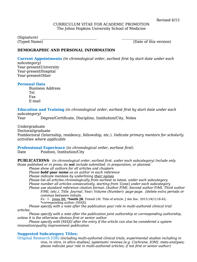 Johns Hopkins Cv Template  Form