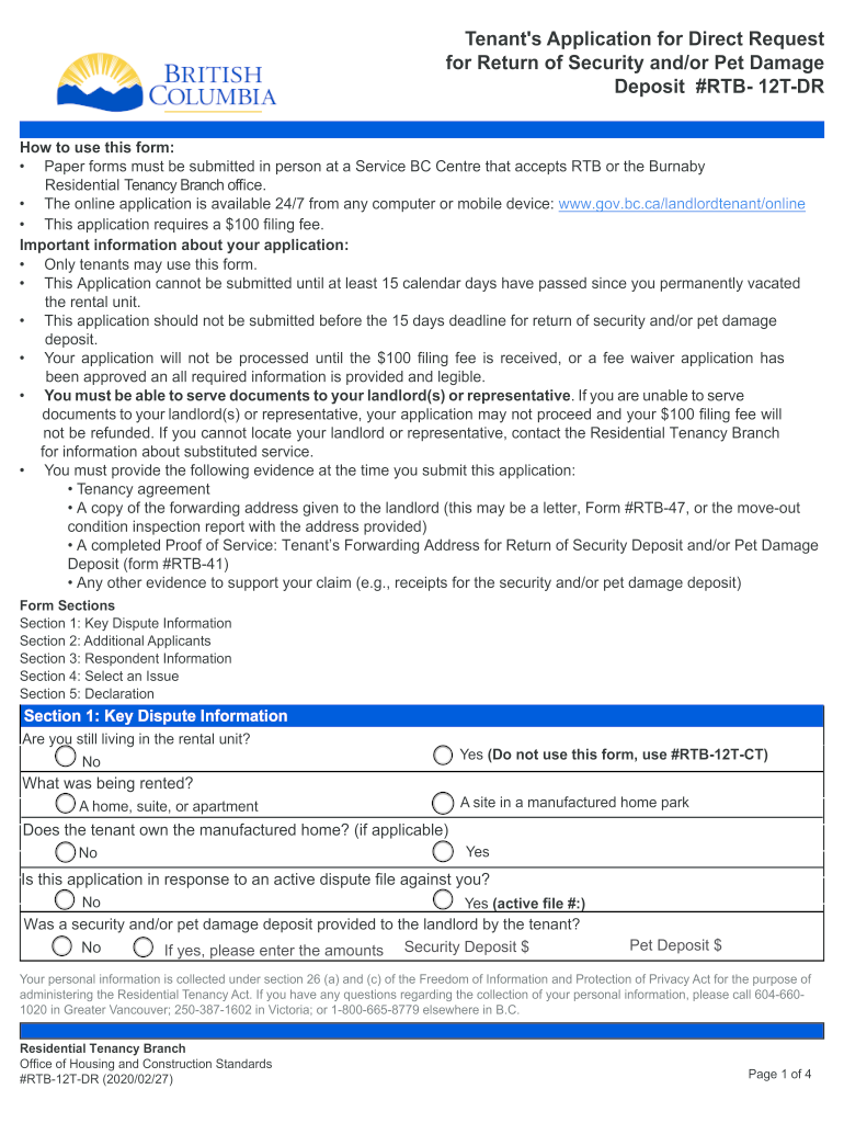 Tenant&#039;s Application for Exp Return of Deposit RTB 12T DR Indd  Form
