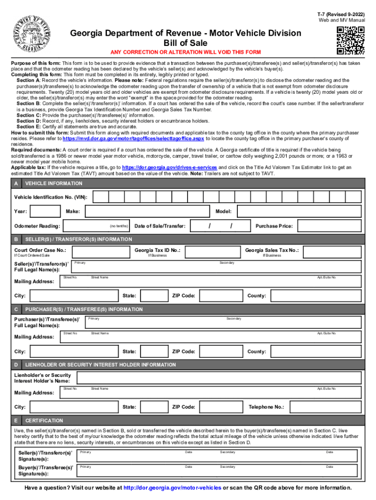  T 7 Bill of Sale Georgia Department of Revenue 2022-2024