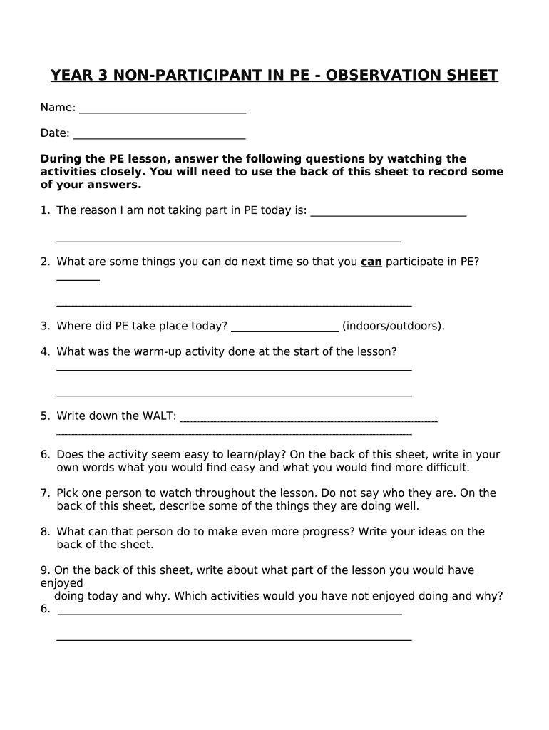 Pe Worksheets for Non Participants PDF  Form