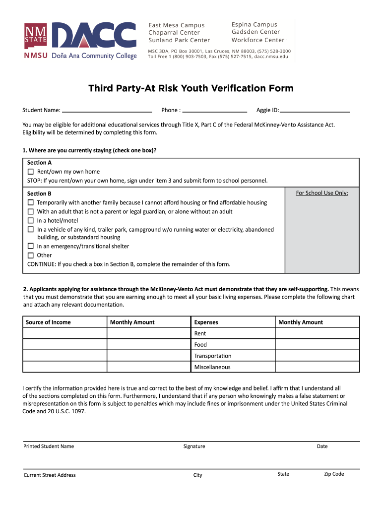  Third Party at Risk Youth Verification Form 2019-2024