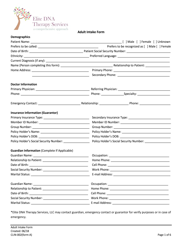  Adult Intake Form CLIN 002form a DOCX 2018-2024