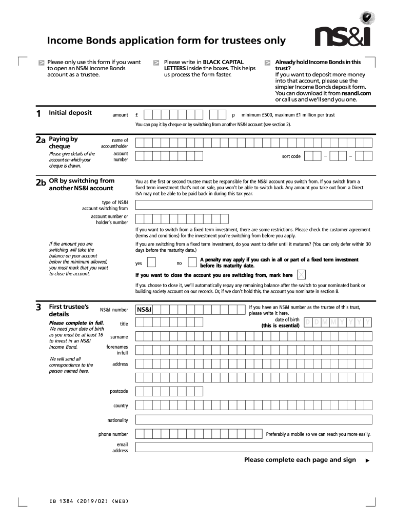  Income Bonds Trustee Application Form NS&I 2019