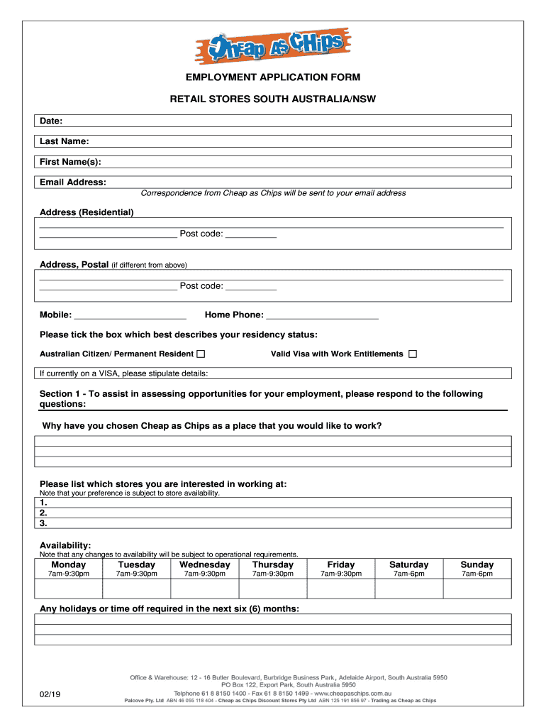  Employment Application Form Cheap as Chips 2019-2023