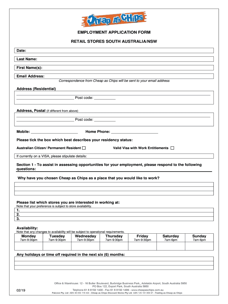  Employment Application Form Cheap as Chips 2019-2024