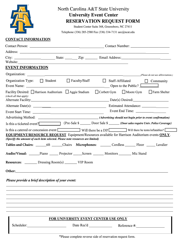 Reservation Request Form North Carolina A&T State