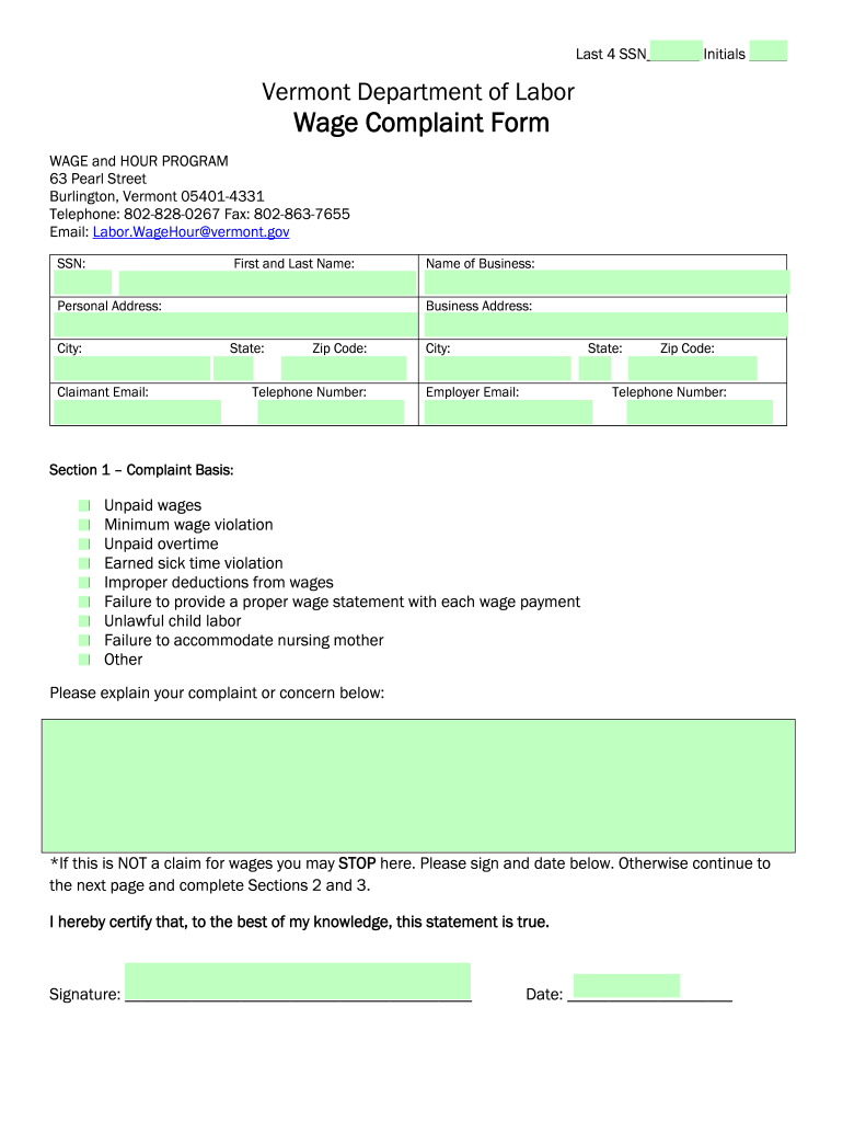 Online Wage Claim Form Vermont Department of Labor