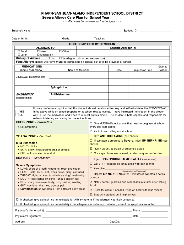 Severe Allergy Care Plan for School Year  Form