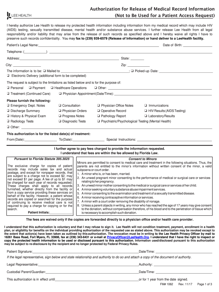 Patient Access Request for Medical Records Lee Health  Form