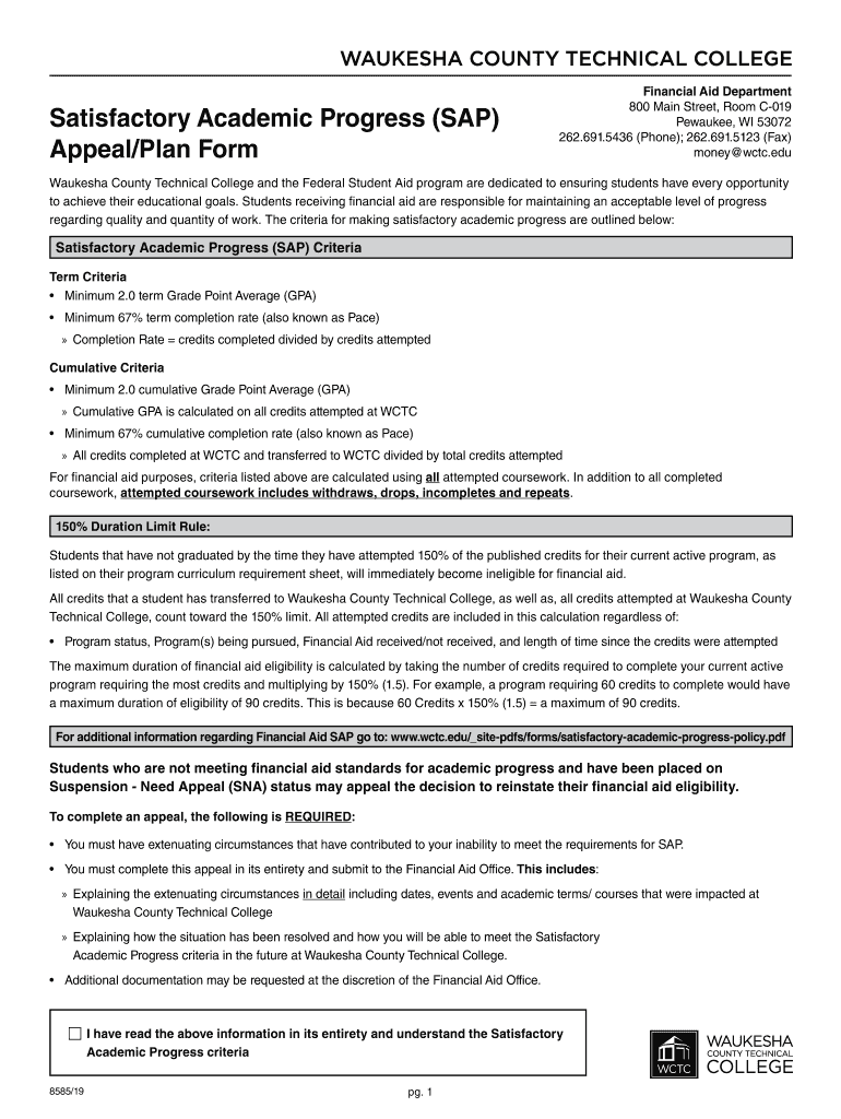  Satisfactory Academic Progress SAP AppealPlan Form 2019