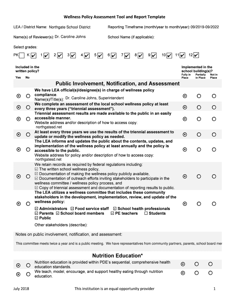 Wellness Policy Assessment Tool and Report Template  Form