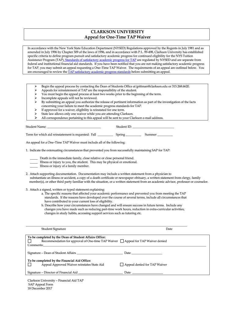 Appeal for One Time TAP Waiver  Form