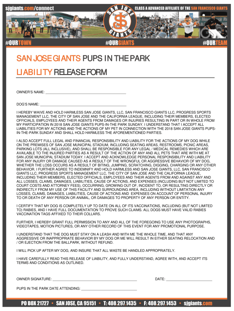 SAN JOSE GIANTS PUPS in the PARK LIABILITY RELEASE FORM