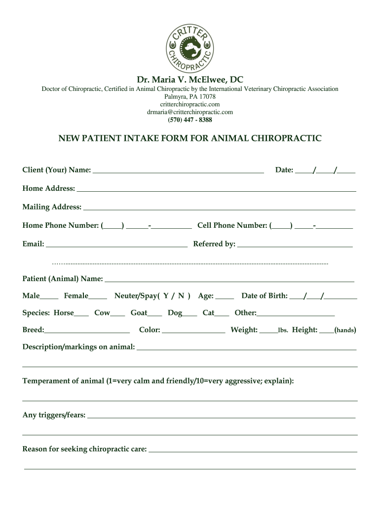 Dr Maria V McElwee, DC NEW PATIENT INTAKE FORM for