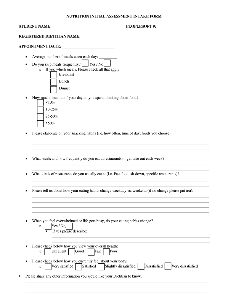 NUTRITION INITIAL ASSESSMENT INTAKE FORM STUDENT NAME