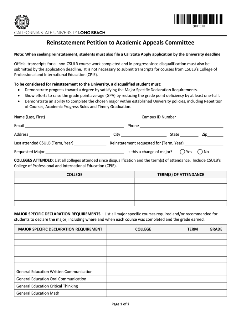 Reinstatement Petition to Academic Appeals Committee Form