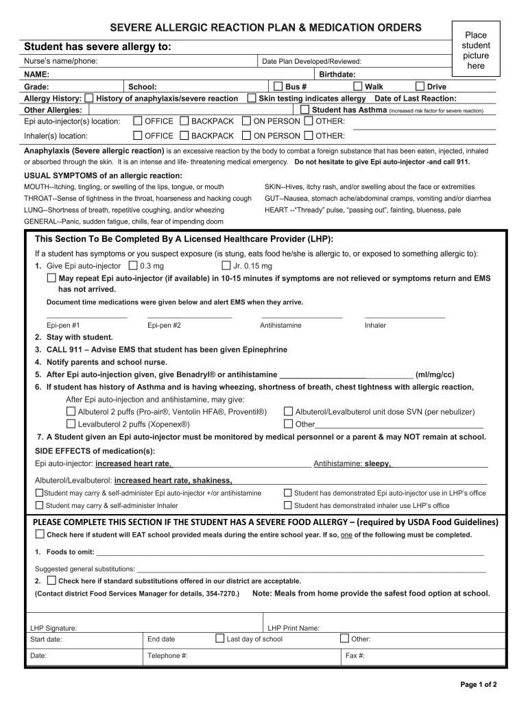 Allergy Form Signal Hill Elementary School Prince William