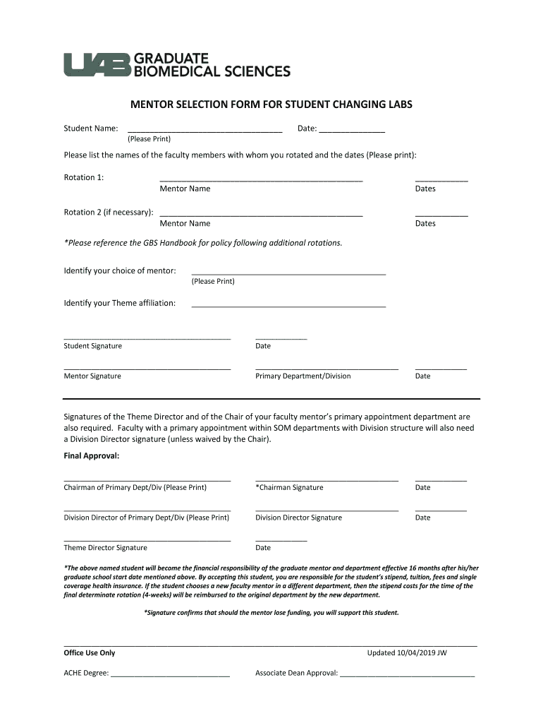 MENTOR SELECTION FORM for STUDENT CHANGING LABS 2019-2024