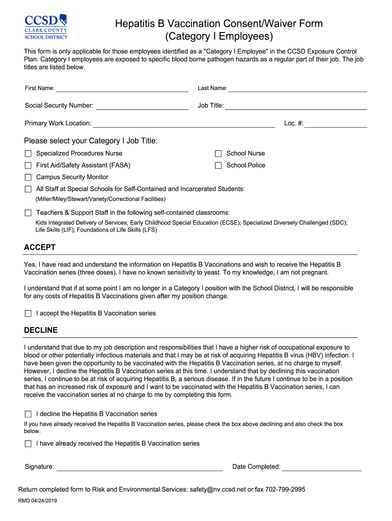 Hepatitis B Vaccination ConsentWaiver Form Category I