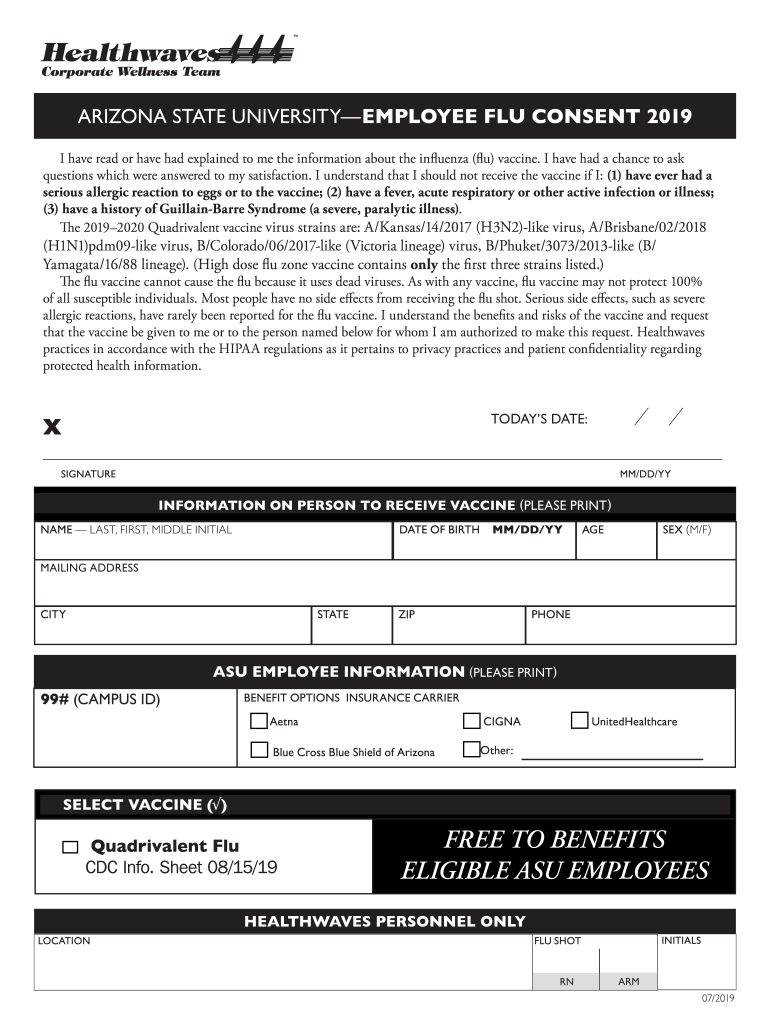  ARIZONA STATE UNIVERSITYEMPLOYEE FLU CONSENT 2019-2024