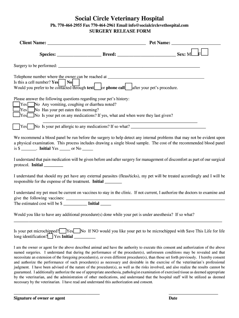 AnesthesiaSurgery Consent Form Vet in AustinStar of