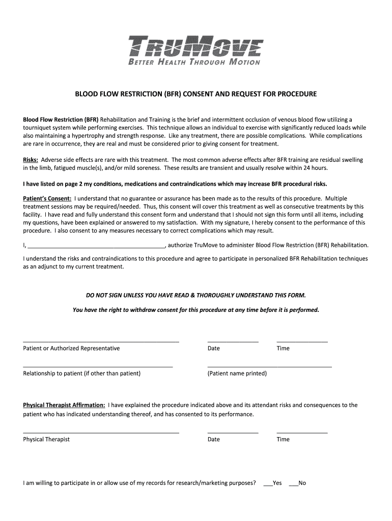 BLOOD FLOW RESTRICTION BFR CONSENT and REQUEST for PROCEDURE  Form