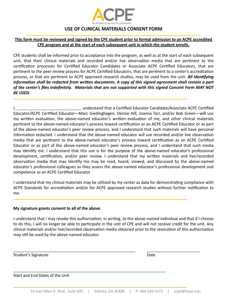 Clinical Materials Consent Form ACPE 5