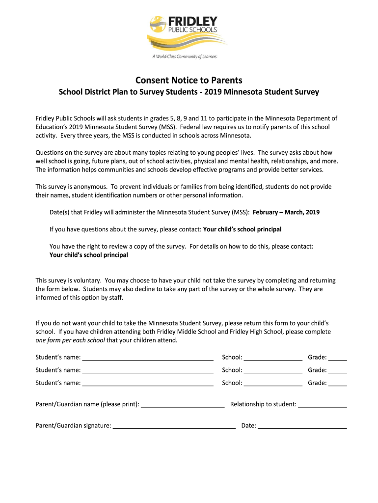 Passive Consent Notice to Parents School District Plan to  Form