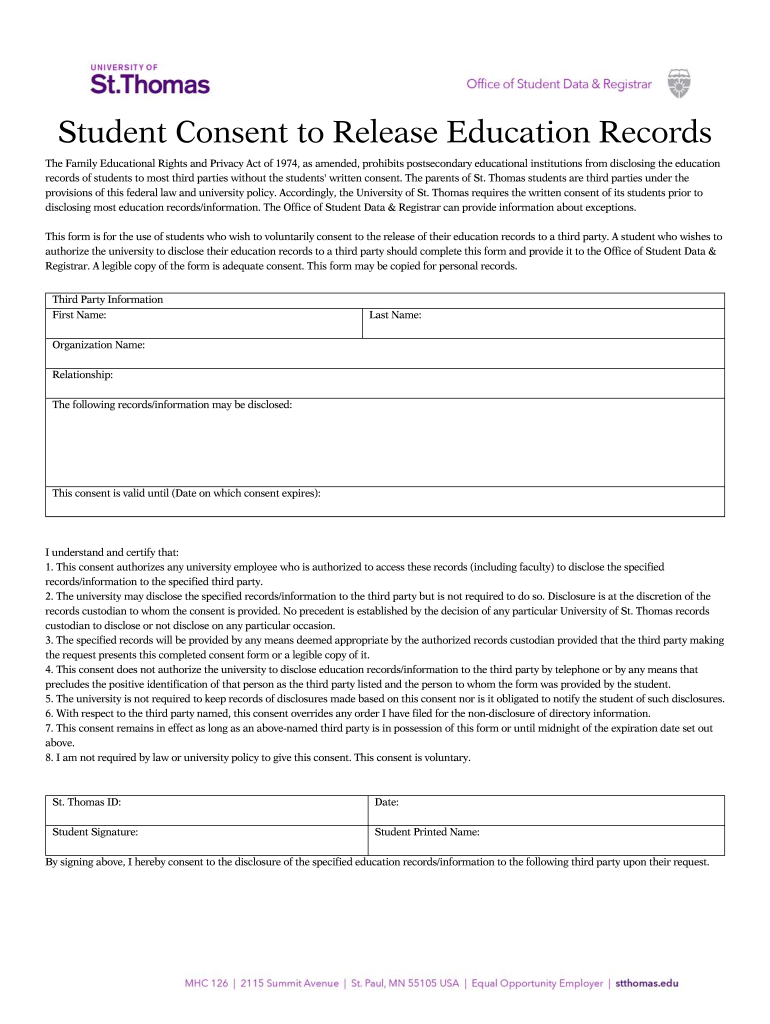Student Consent to Release Education Records University of  Form