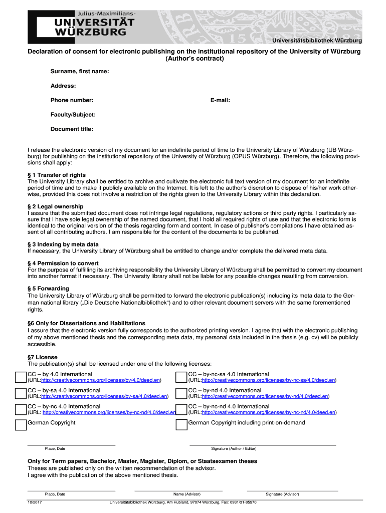 Declaration of Consent for Electronic Publishing on the Institutional Repository of the University of Wrzburg  Form