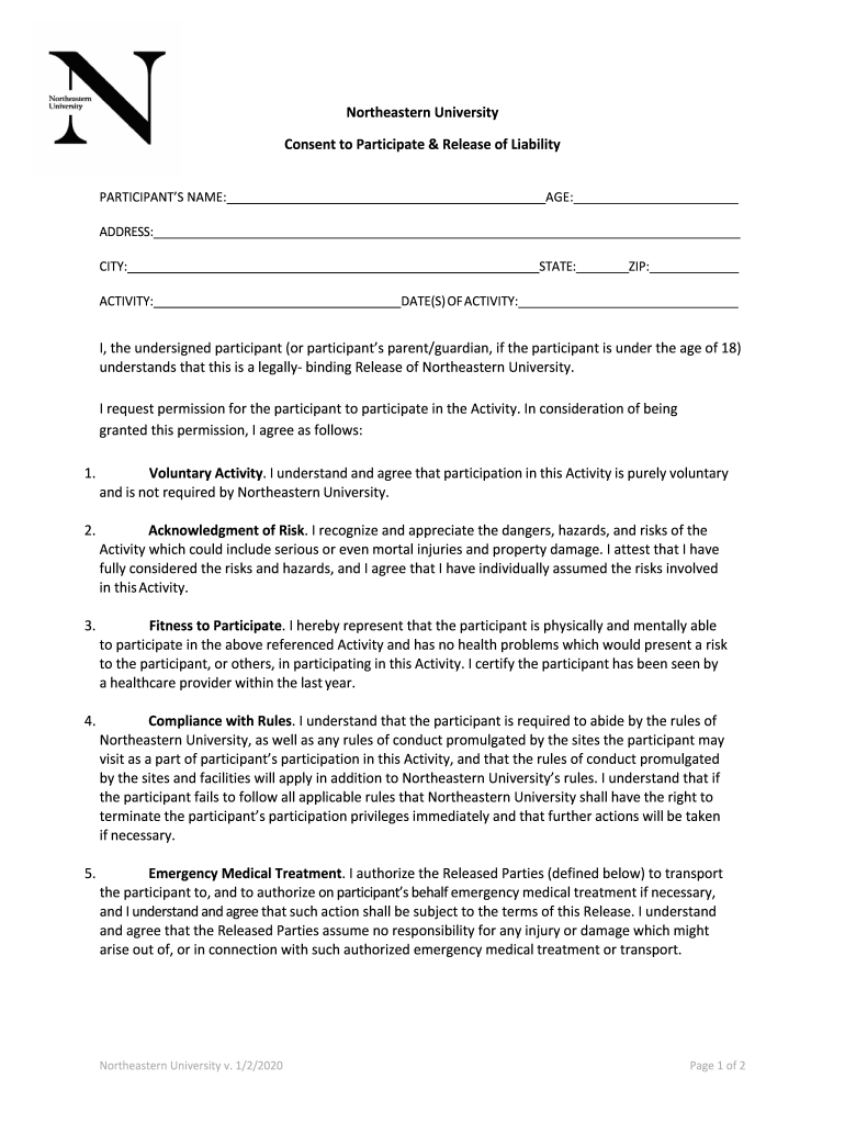Consent to Participate & Release Form Northeastern College of