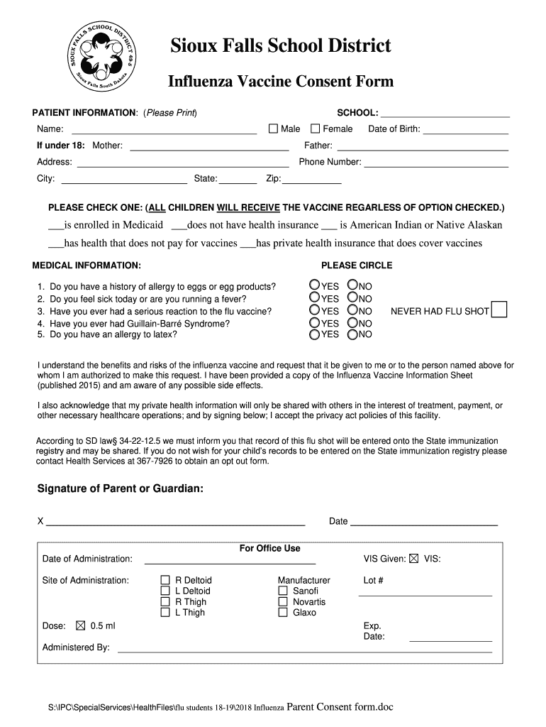 Sioux Falls School District Flu Vaccine Consent Form Fill Out and Sign Printable PDF Template
