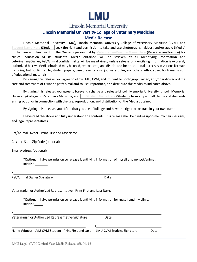 College of Veterinary MedicineLincoln Memorial University  Form