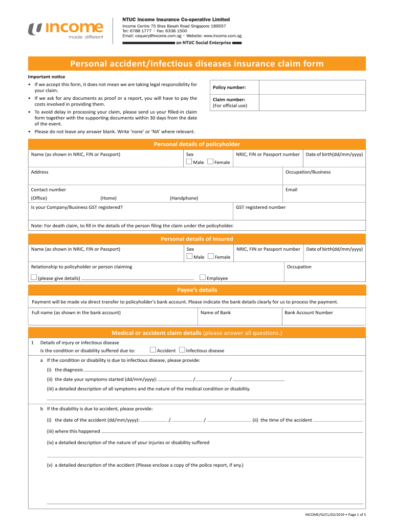  Personal Accidentinfectious Diseases Insurance Claim Form 2019
