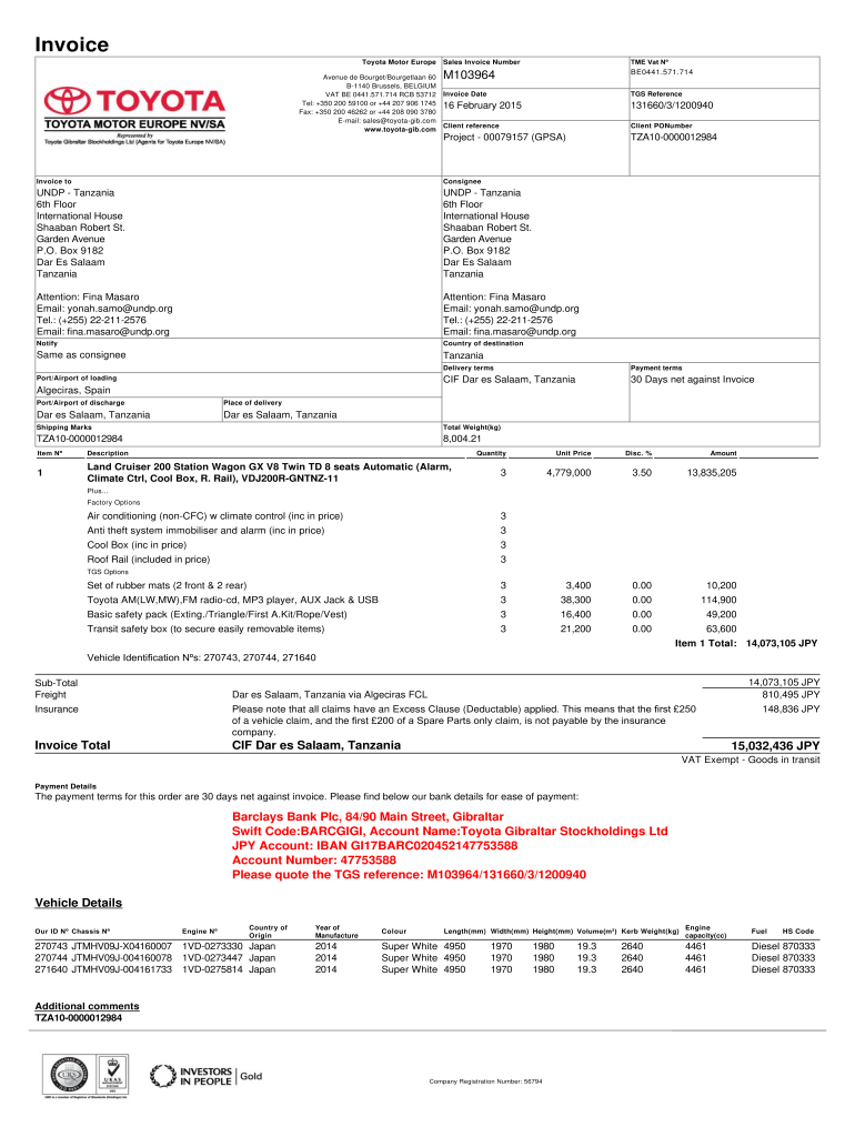 Toyota Invoice PDF  Form