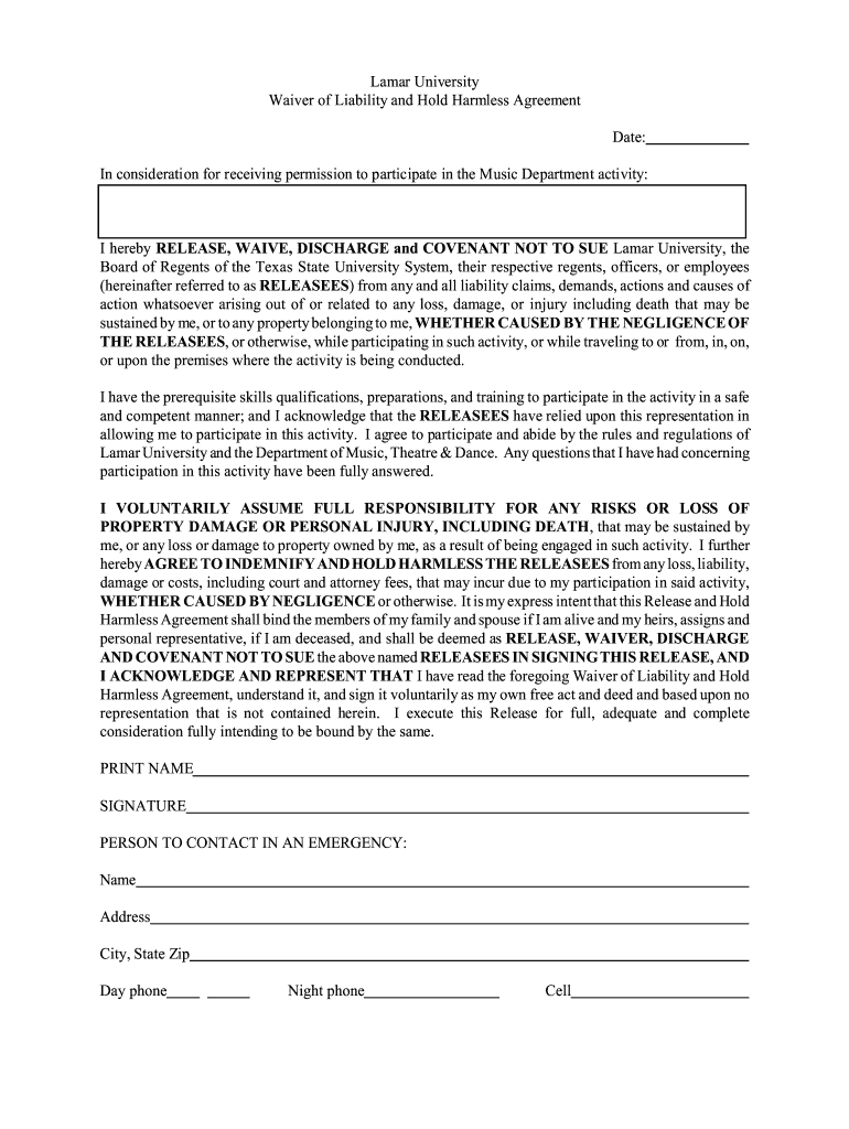 Activity Release and Indemnity Agreement for Participants 18  Form