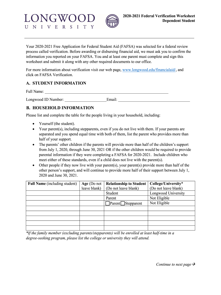  2021 Federal Verification Worksheet 2020-2024