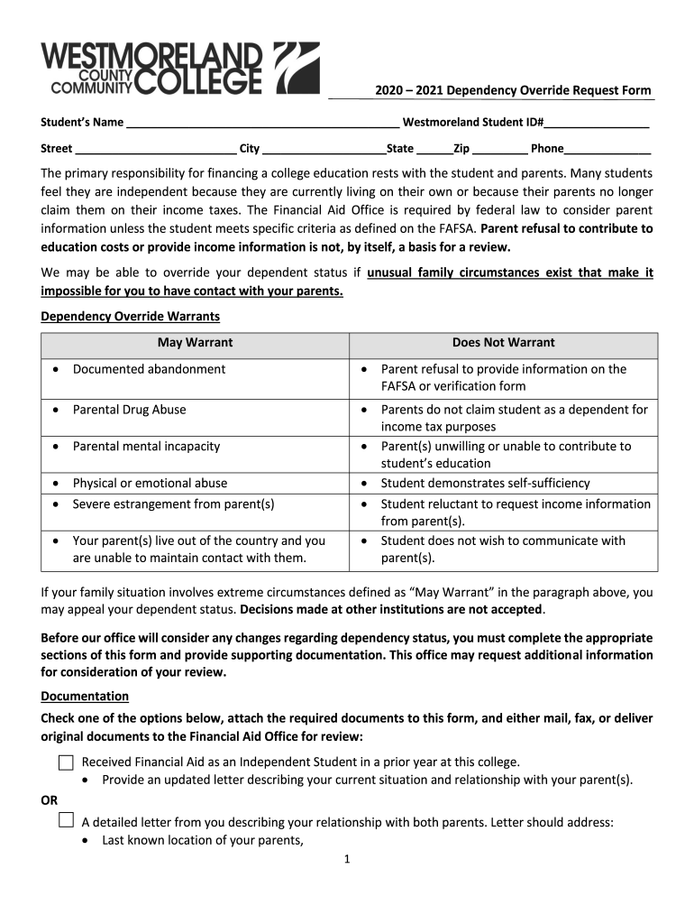 20202021 Dependency Override Request Form the