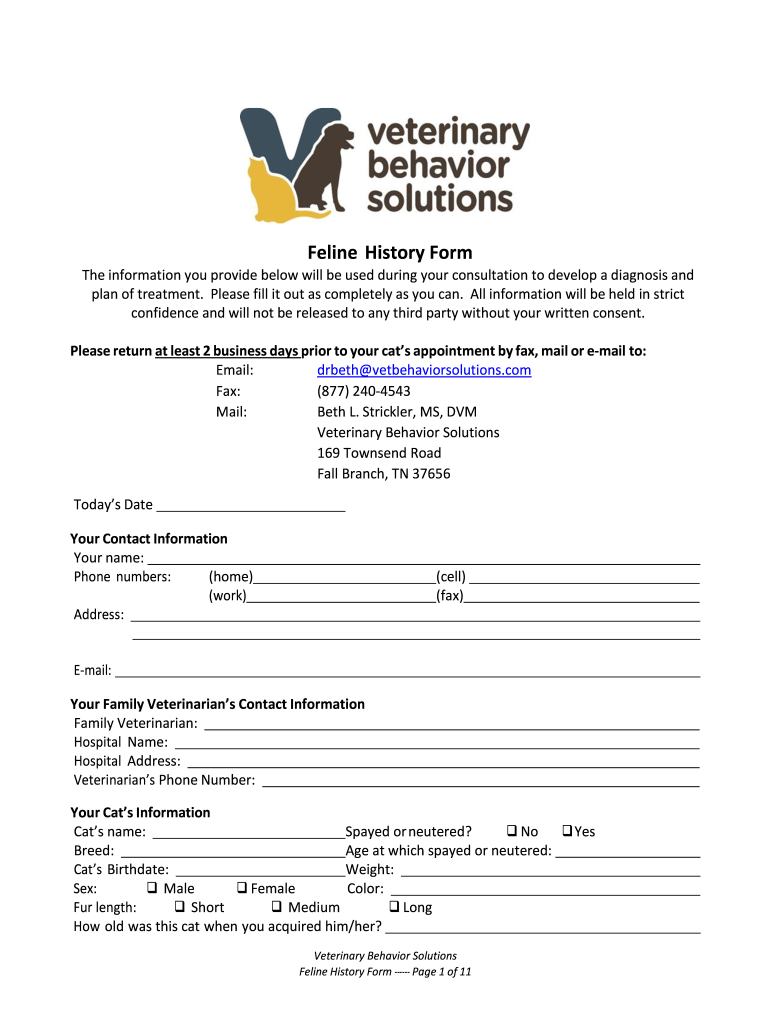 Get and Sign Feline Behavioral HistoryAnimal Behavior Consultants of  Form