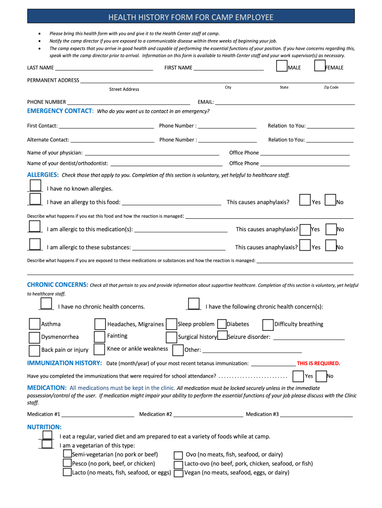 Health History Form for Camp Employee Camp Ronald