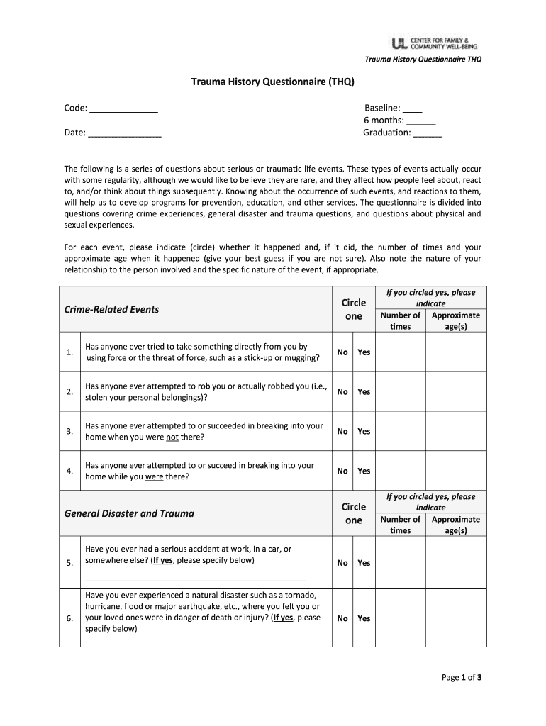 Trauma History Questionnaire Thq PDF  Form