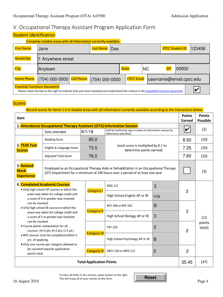  Occupational Therapy Assistant Program Application Form 2017