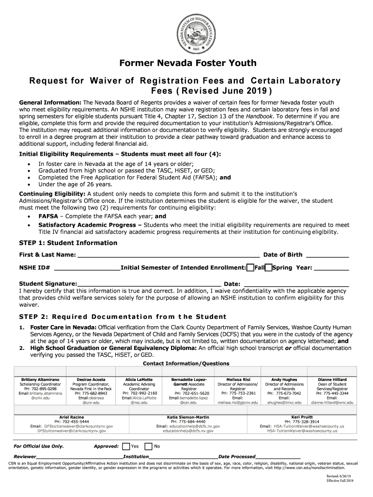  Former Nevada Foster Youth Fee Waiver Revised Effective Fall 2019