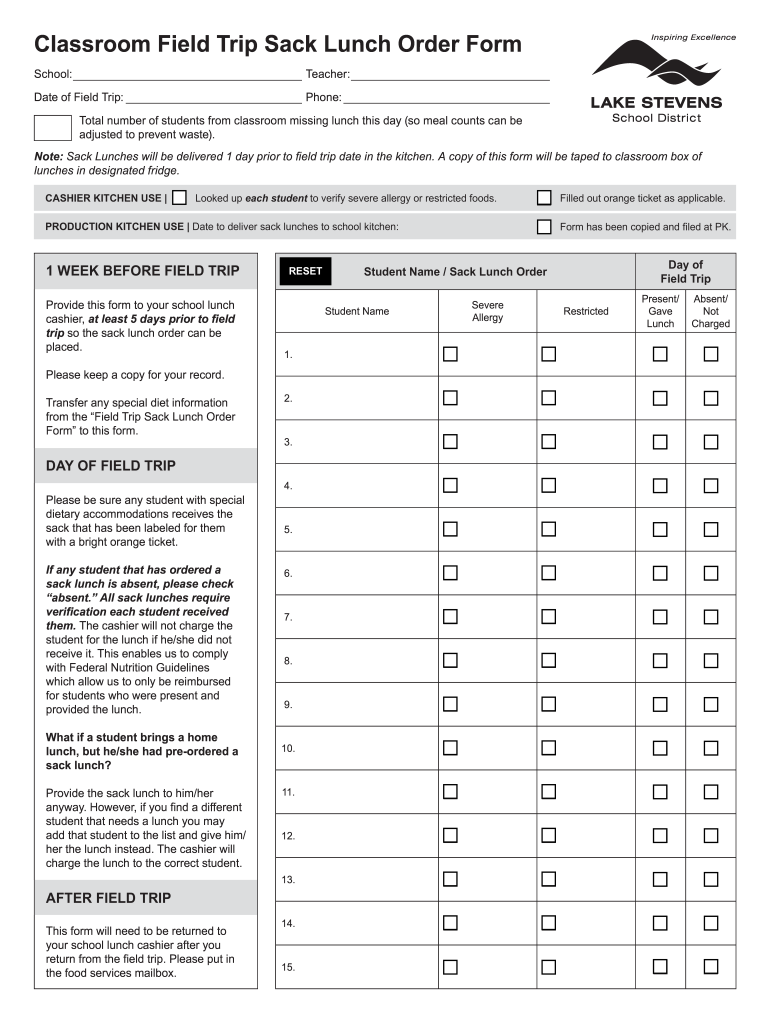 Classroom Field Trip Sack Lunch Order Form