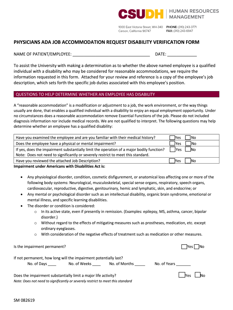  PHYSICIANS ADA JOB ACCOMMODATION REQUEST DISABILITY VERIFICATION FORM 2019