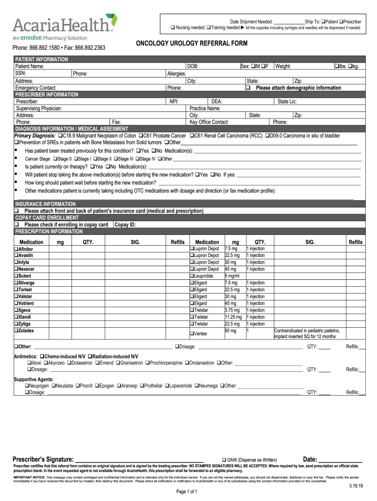 Acaria Health Oncology Urology Referral Form Oncology Urology Referral Form