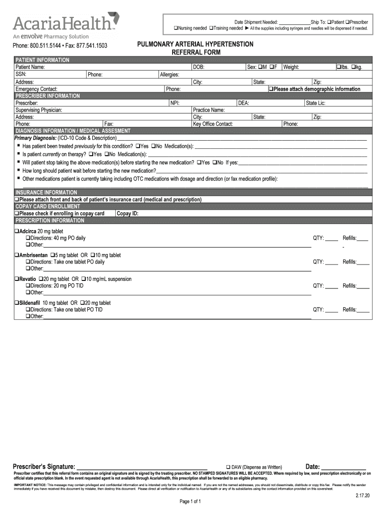 Acaria Health Pulmonary Arterial Hypertenstion Referral Form Pulmonary Arterial Hypertenstion Referral Form