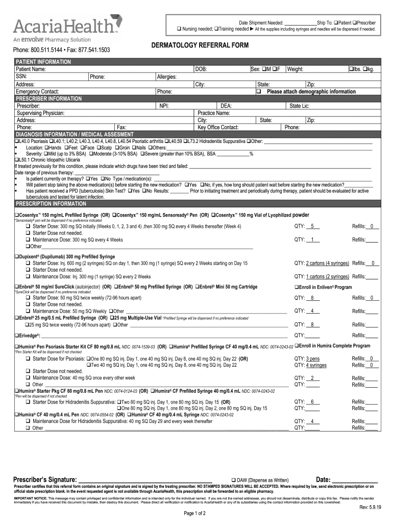  Acaria Heatlh Dermatology Referral Form Dermatology Referral Form 2019