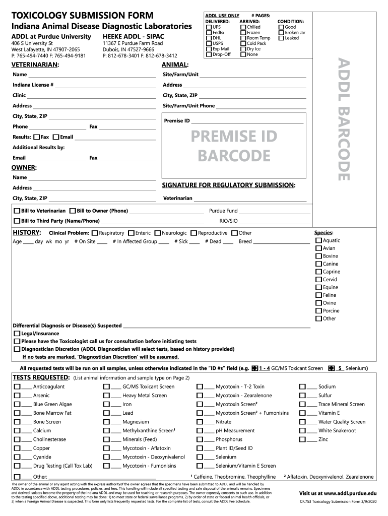  TOXICOLOGY SUBMISSION FORM Indiana Animal Disease Diagnostic 2020-2024